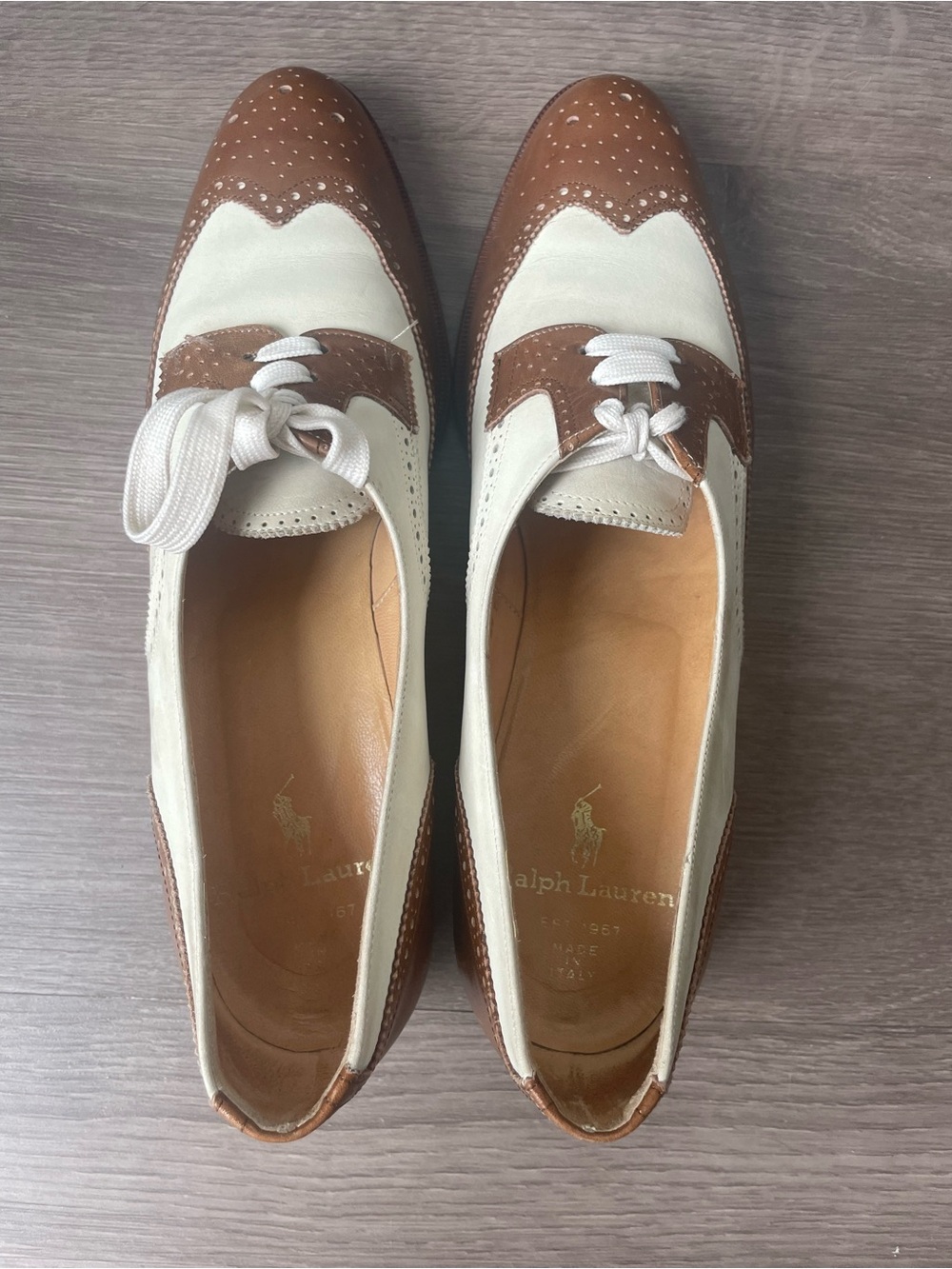 Vintage Ralph Lauren Two-Tone Brown and Cream Wingtip Oxfords 6.5 Shoes - Picture 12 of 16